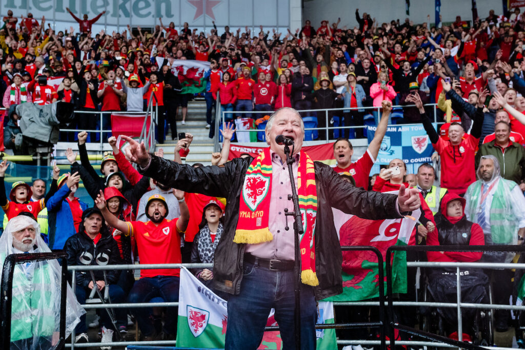 Dafydd Iwan performs Yma o Hyd prior to the 2022 FIFA World Cup play-off final between Wales & Ukraine at the Cardiff City Stadium on the 5th of June 2022