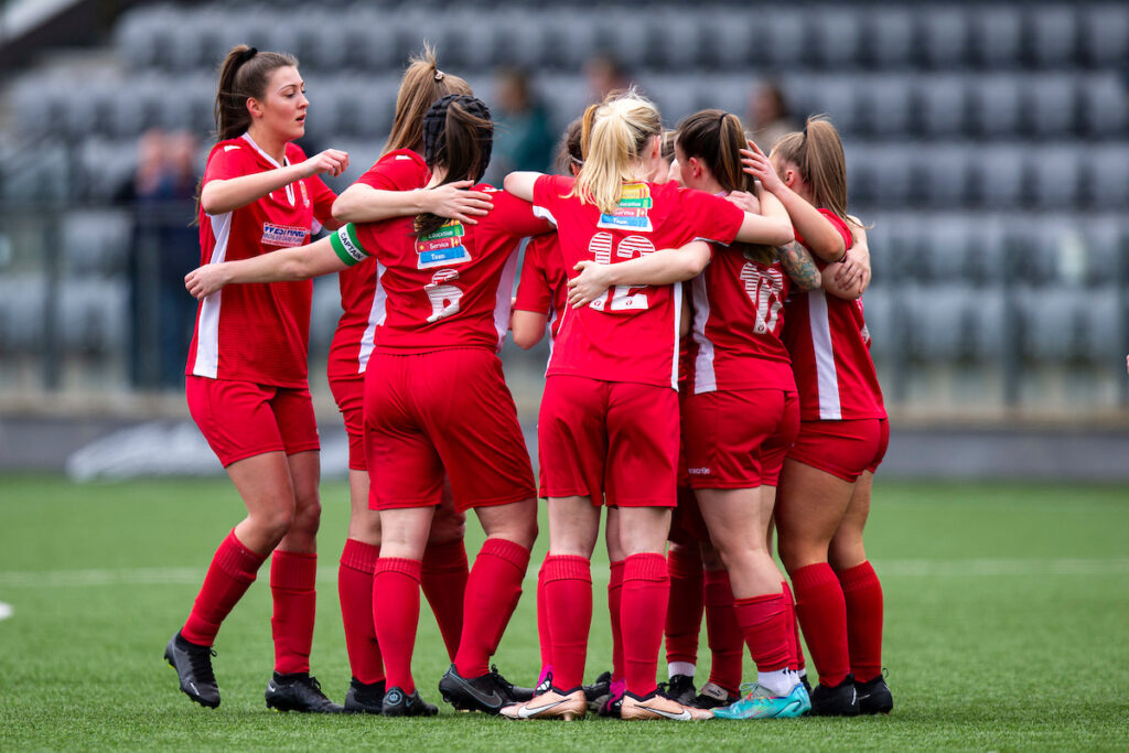 Megan Kearle of Briton Ferry celebrates scoring her sides first goal. Cascade v Briton Ferry Llansawel in the Genero Adran South at CCB Centre For Sporting Excellence on the 2nd April 2023