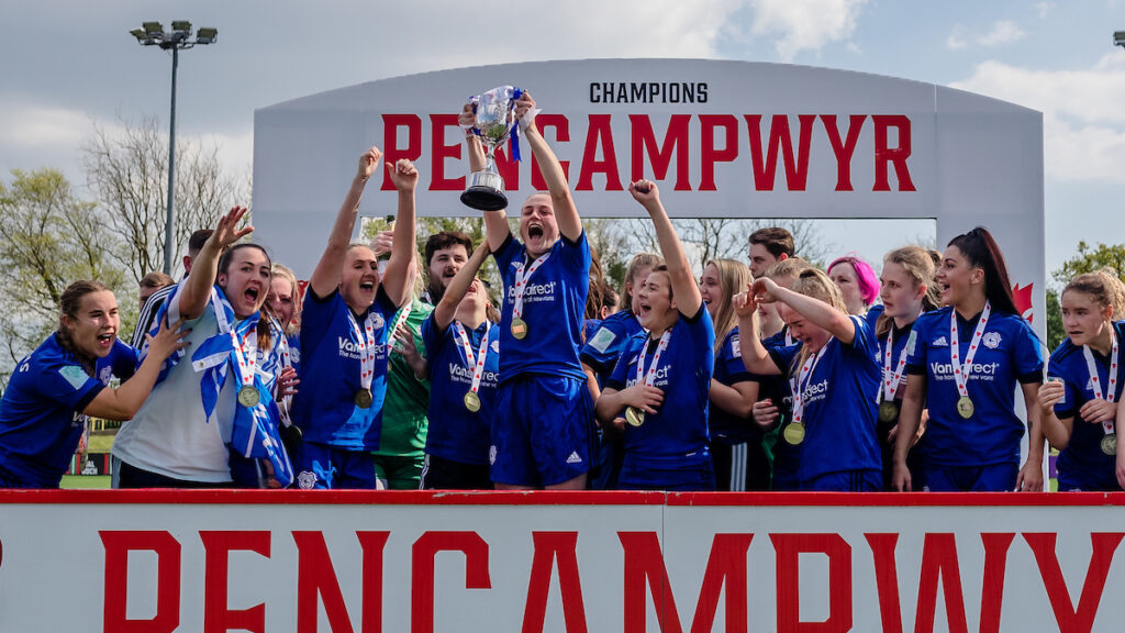 Cardiff City celebrate winning the FAW Women's Cup Final between Cardiff Met Women FC & Cardiff City Women FC at the SDM Glass Stadium, Bridgend, Wales