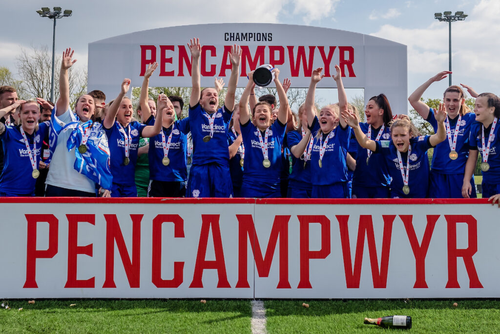 Cardiff City celebrate winning the FAW Women's Cup Final between Cardiff Met Women FC & Cardiff City Women FC at the SDM Glass Stadium, Bridgend, Wales