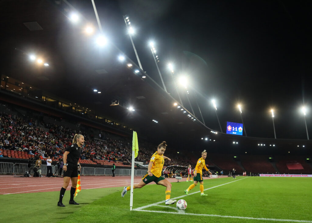 Cymru's Jess Fishlock and Angharad James during the FIFA World Cup Play off game against Switzerland at Stadium Letzigrund, Zurich, Switzerland