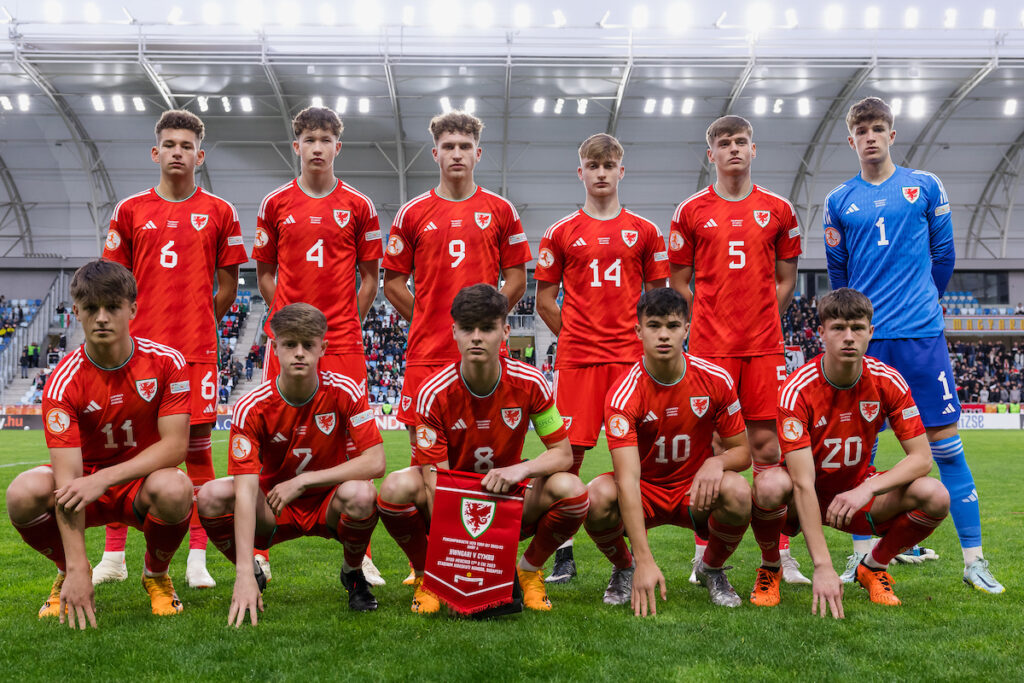 Wales photo with Wales' Kit Margetson, Wales' Josh Beecher, Wales' Dylan Lawlor, Wales' Brayden Clarke, Wales' Rhys Thomas, Wales' Charlie Crew, Wales' Joe Andrews, Wales' Troy Perrett, Wales' Gabriele Biancheri, Wales' Iwan Morgan, Wales' Joe Hatch during the 2023 UEFA European Under-17 Championship Group A fixture between Hungary & Wales at the Hidegkuti Nandor Stadium, Budapest, Hungary