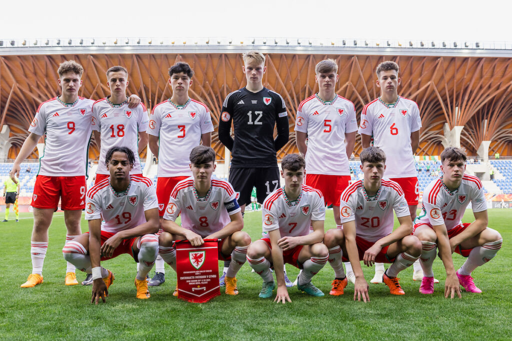 Wales team photo Wales' goalkeeper Luke Armstrong, Wales' Brayden Clarke, Wales' Dylan Lawlor, Wales' Sam Parker, Wales' Luey Giles, Wales' Alfie Tuck, Wales' Charlie Crew, Wales' Cody Twose, Wales' Troy Perrett, Wales' Freddie Issaka, Wales' Iwan Morgan prior to the 2023 UEFA Under-17 European Championship Group A fixture between Republic of Ireland & Wales at the Pancho Aréna, Felcsút, Hungary