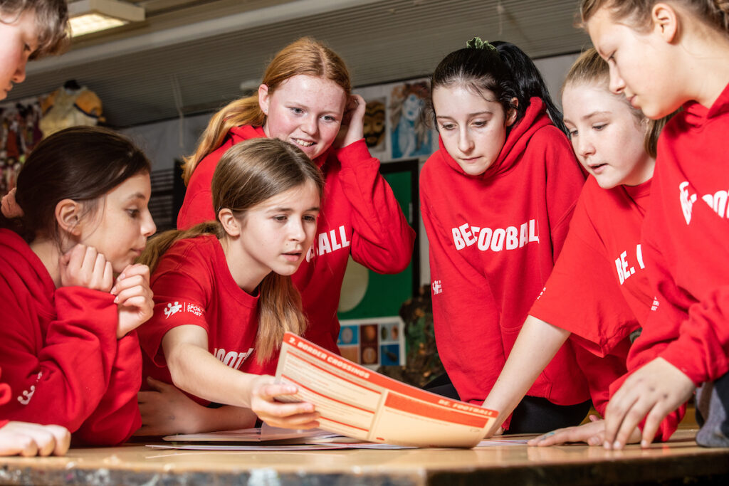 Young footballers discuss session plans at an FAW Trust Be.Football session at Ysgol Dinas Bran, Llangollen
