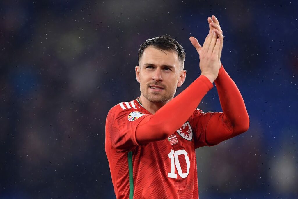Wales' Aaron Ramsey acknowledges the fans after the Group D UEFA Euro Championship Qualifying between Wales and Latvia on the 28th of March 2023 at the Cardiff City Stadium, Cardiff, Wales