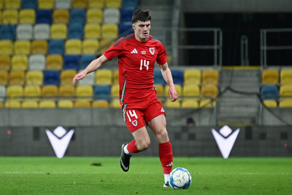 Joel Cotterill of Wales U21 in action in a UEFA U21 friendly against Slovakia.  