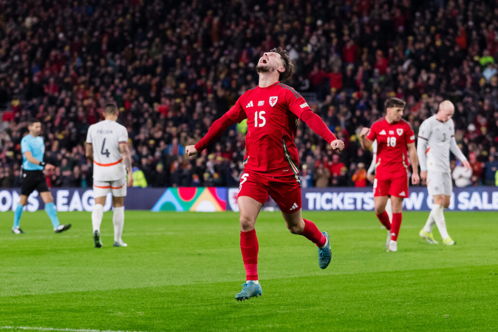 Liam Cullen celebrates scoring a goal for Wales as fans will be able to watch free coverage of the men's national team on BBC One Wales.