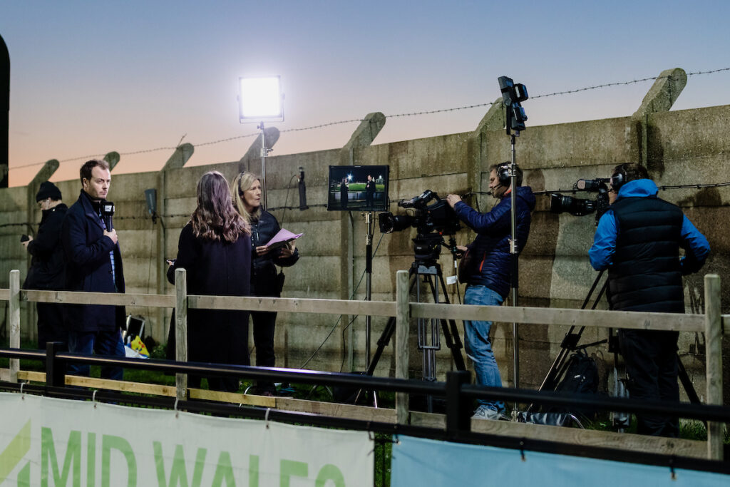 sgorio s4c cameras and presenters during the JD Welsh Cup Semi Final fixture between Penybont FC and Bala Town FC at Park Avenue Stadium, March 18th, 2022
