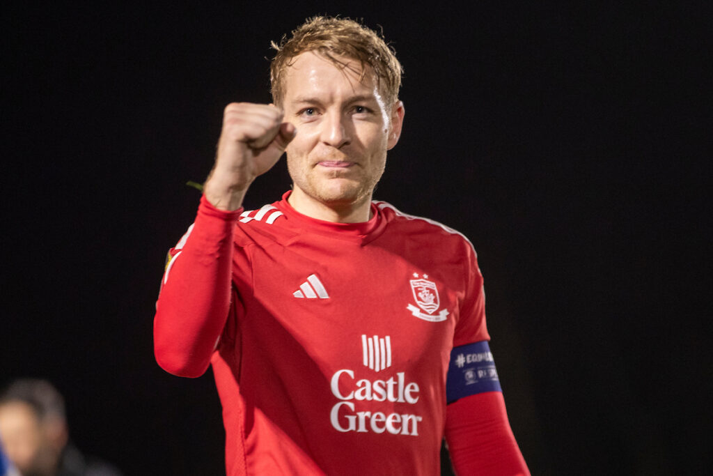 Connah's Quay Nomads Captain, John Disney celebrates following the JD Welsh Cup Fourth Round fixture between Connah's Quay Nomads and Mold Alexandra at the Essity Stadium, Flint. 14TH of December, Flint, Wales