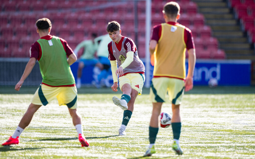 Cymru MU17's Carter Heywood pre-match during a Victory Shield match between Republic of Ireland and Wales at Broadwood Stadium, on October 10, 2024, in Cumbernauld, Scotland