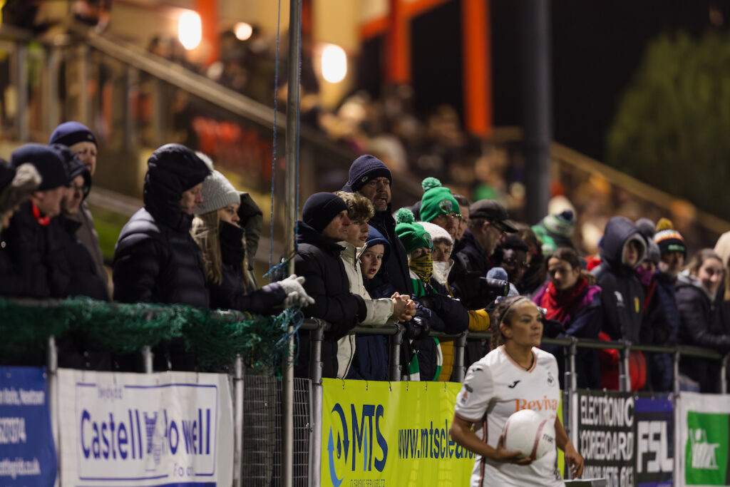 Fans during the 2024/2025 Genera Adran Trophy Final fixture between Swansea City Women FC and TNS at Latham Park, Newtown, Wales