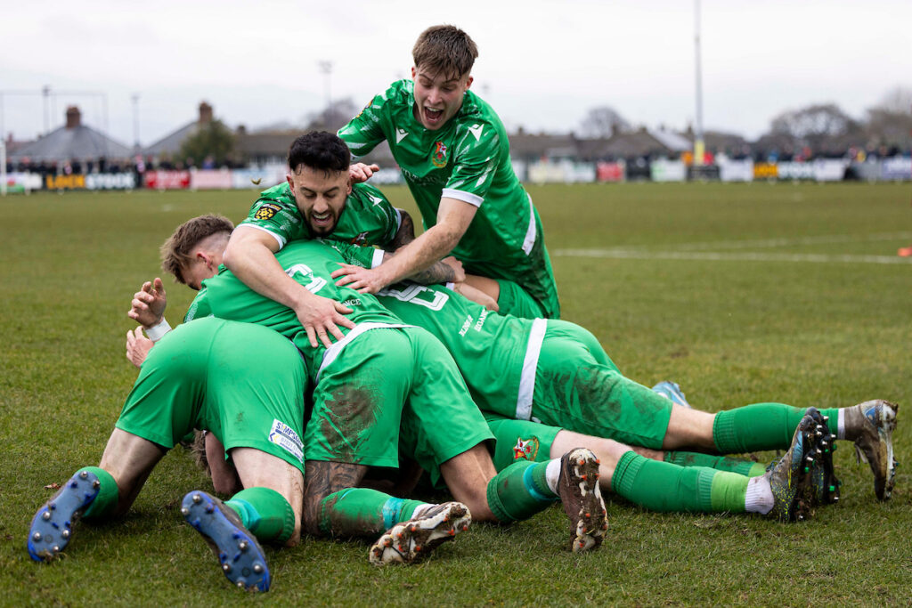 Alex Giardelli of Llanelli Town celebrates scoring his sides first goal.
Denbigh Town v Llanelli Town in the JD Welsh Cup at Central Park on the 15th February 2025