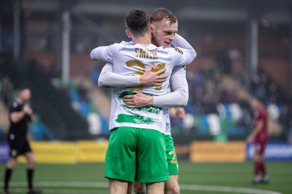 The New Saints' Leo Smith makes it 2-0 during the JD Welsh Cup fixture between The New Saints and Airbus UK Broughton at Park Hall Stadium, Oswestry. 15th of February, Oswestry, England