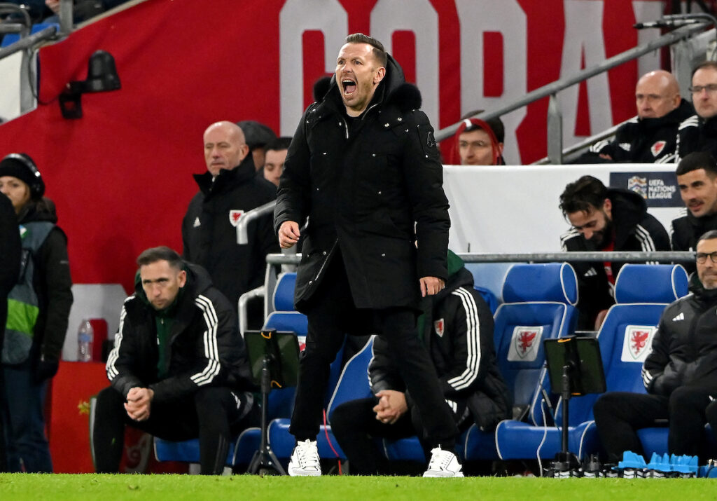 Cymru Head Coach Craig Bellamy reacts during the 2025 UEFA Nations League fixture between Wales and Iceland on the 19th of November at the Cardiff City Stadium, Cardiff, Wales