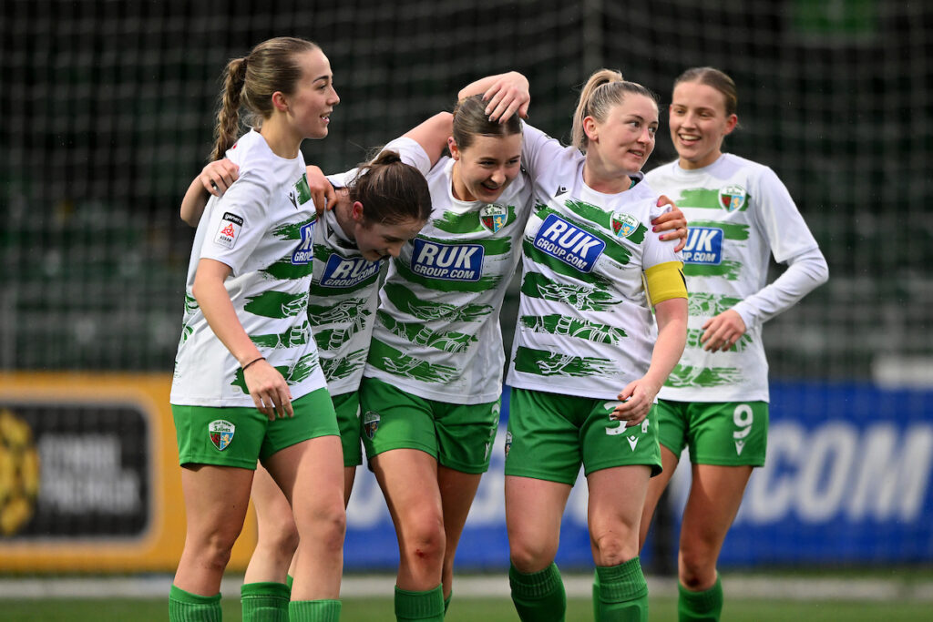 Grace Dunkerley of TNS Women celebrates scoring her sides third goal in the Genero Adran Premier fixture between The New Saints FC Women and Cardiff City Women FC at Park Hall Stadium in Oswestry, England