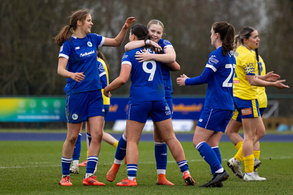 Mackenzie Olden of Cardiff City celebrates scoring her sides third goal.
Cardiff City v Barry Town United in the Bute Energy Welsh Cup at Leckwith Stadium on the 16th February 2025