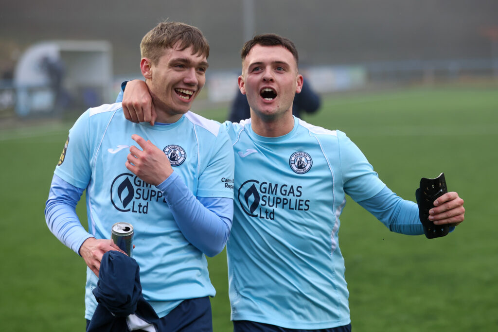 Cambrian United Players celebrate at full time in the 2024/25 FAW Welsh Cup Quarter Final fixture between Cambrian United FC and Carmarthen Town AFC