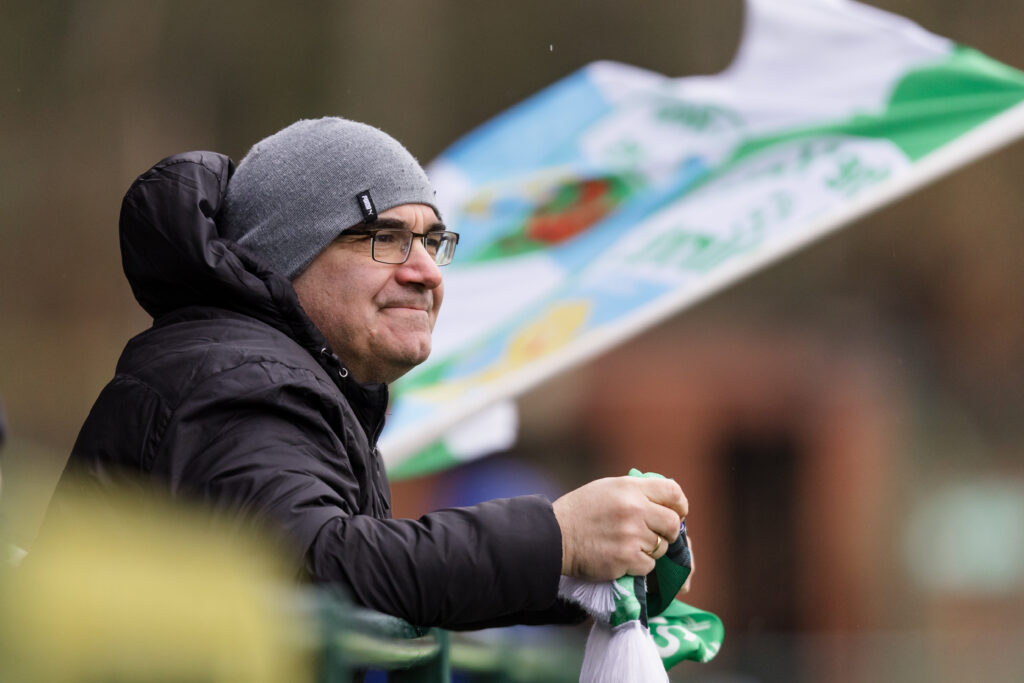 Fans during the Second Phase of the JD Cymru Premier 2024/25 Championship Conference league fixture between The New Saints FC and Penybont FC at Park Hall, Oswestry, Wales