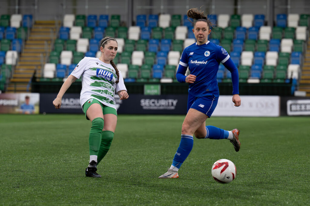 Tiggy Webb of TNS Women in the Genero Adran Premier fixture between The New Saints FC Women and Cardiff City Women FC at Park Hall Stadium in Oswestry, England.