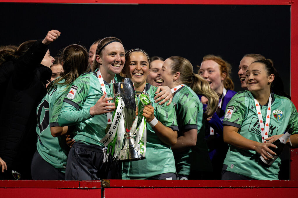 TNS Women's Kay Baker and TNS Women's Tiggy Webb during the 2024/2025 Genera Adran Trophy Final fixture between Swansea City Women FC and The New Saints FC at Latham Park, Newtown, Wales