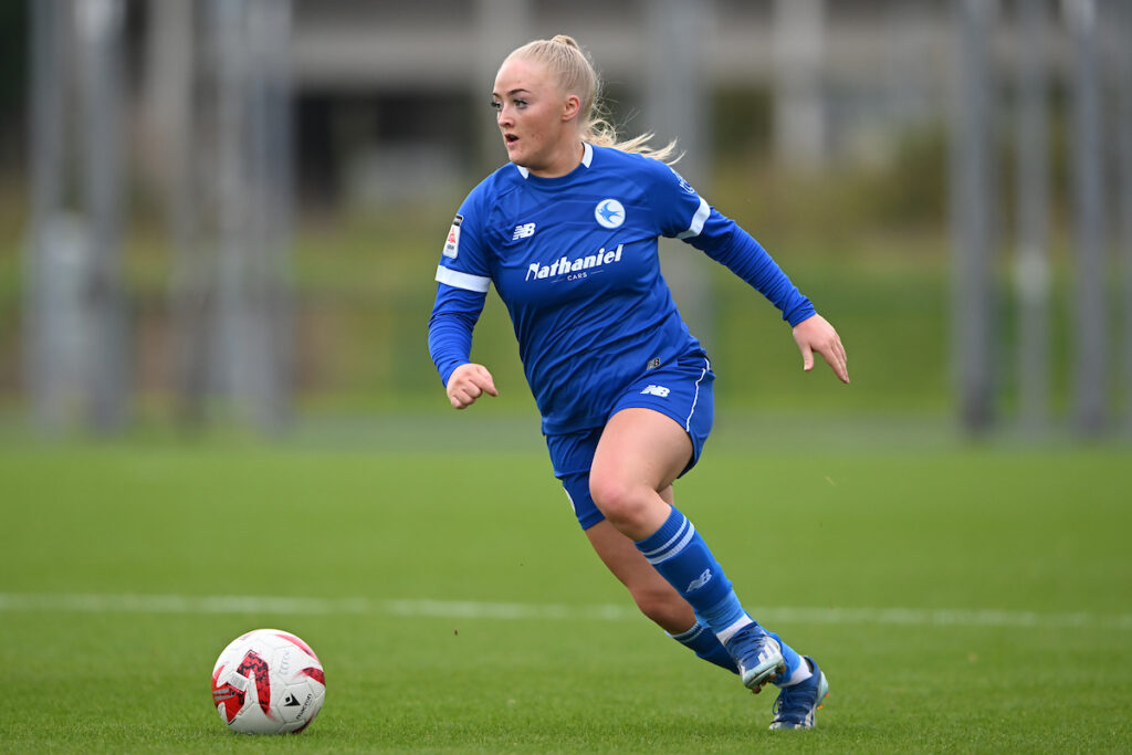 Lily Billingham of Cardiff City Women in the Genero Adran Premier fixture between Cardiff City Women FC and Briton Ferry Llansawel Ladies at Leckwith Stadium in Cardiff, Wales