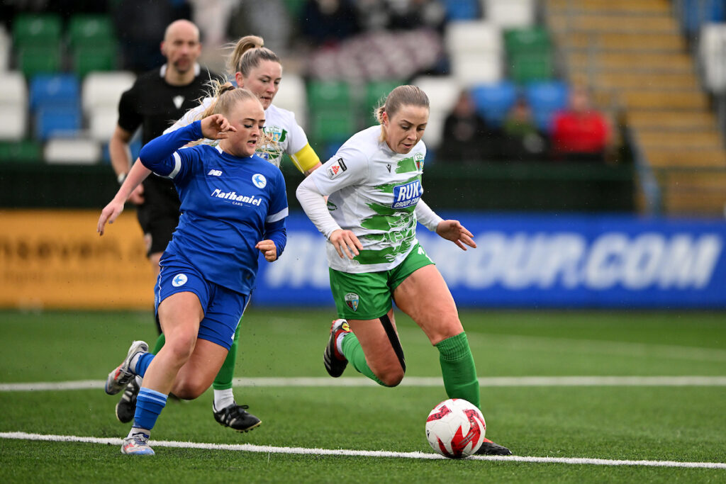 Lily Billingham of Cardiff City Women battles for the ball with Helen Evans of TNS Women in the Genero Adran Premier fixture between The New Saints FC Women and Cardiff City Women FC at Park Hall Stadium in Oswestry, England.