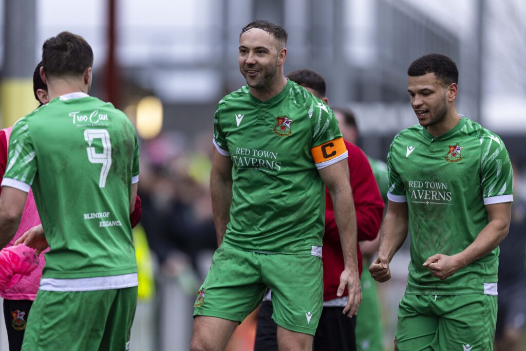 Joe Hopkins of Llanelli Town at full time. Denbigh Town v Llanelli Town in the JD Welsh Cup at Central Park on the 15th February 2025
