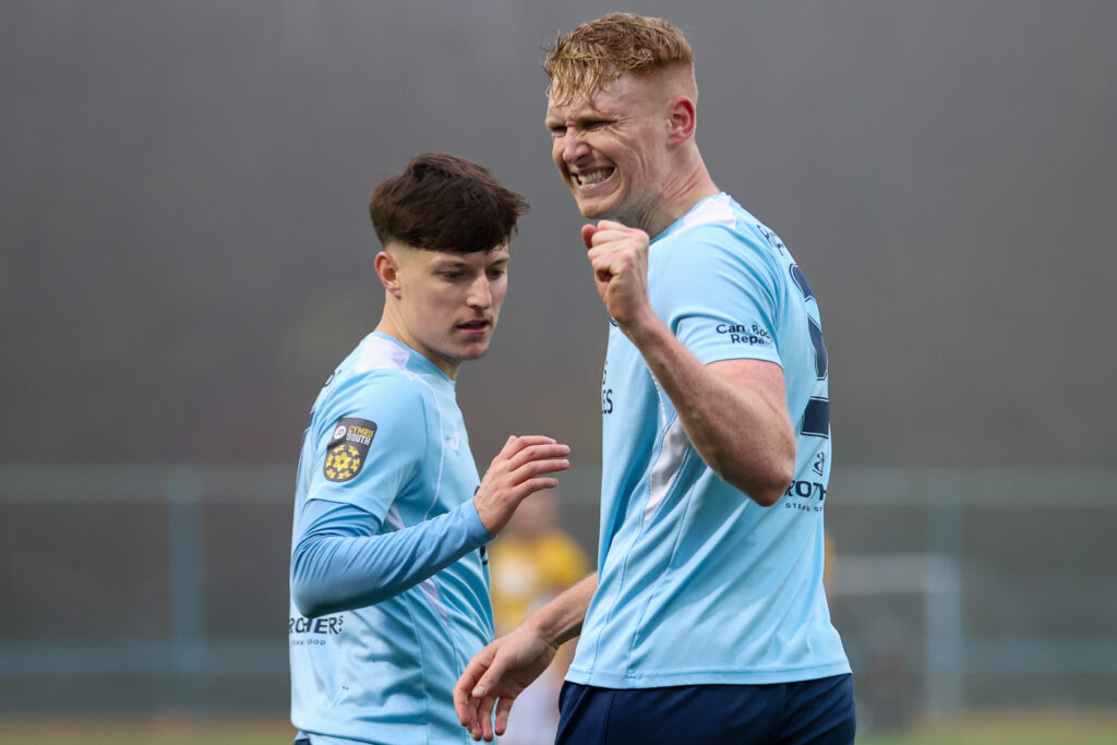 Tim Parker of Cambrian United FC celebrates after scoring during the 2024/25 FAW Welsh Cup Quarter Final fixture between Cambrian United FC and Carmarthen Town AFC at M&P Group 3G, Tonypandy, Wales