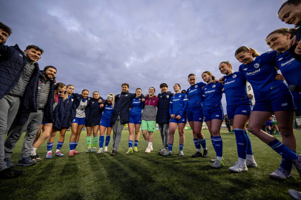 Cardiff City Women team huddle in the Bute Energy Welsh Cup Semi Final Match between The New Saints Women and Cardiff City Women at Park Avenue in Aberystwyth, Wales
