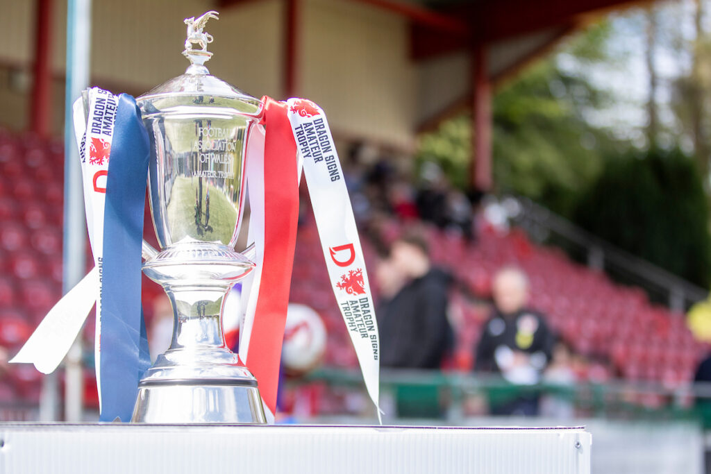 The trophy during the 2023/24 Dragon Signs FAW Amateur Trophy Final fixture between Newport City FC and Penrhyncoch FC at Latham Park, Newtown, Wales
