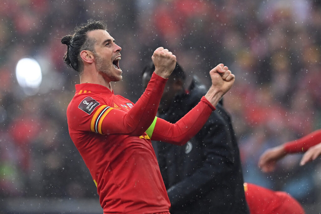 Cymru's Gareth Bale celebrates at full time during the 2022 FIFA World Cup play-off final between Wales and Ukraine at the Cardiff City Stadium on the 5th of June 2022