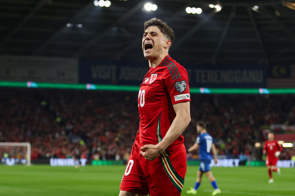 Dan James celebrates his goal as he opened the scoring for Wales against Kazakhstan in a World Cup qualifier. 