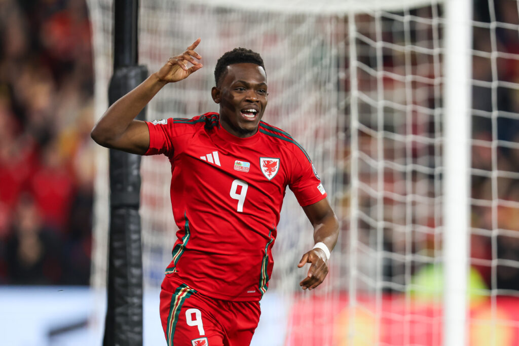Cymru's Rabbi Matondo celebrates his goal to make it 3-1 during the 2026 FIFA World Cup European Qualifiers, group J fixture between Wales & Kazakhstan at the Cardiff City Stadium on the 22nd of March.