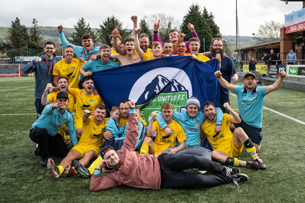 Penygraig United players celebrate winning the Dragon Signs Amateur Trophy 2024/25 Semi-Final fixture between Penygraig United v Llanrwst United at Latham Park, Newtown, Wales
