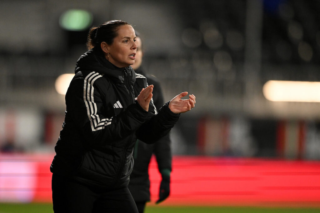 Wales Women's National Team Manager Rhian Wilkinson during the UEFA Women's Nations League, Group A4 match between Wales and Sweden at the ST?K Cae Ras in Wrexham on the 25th February 2025