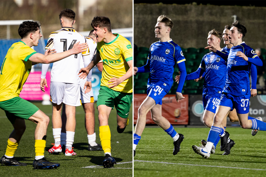 A collage of two photos with Caernarfon Town and Haverfordwest County players celebrating in the FAW Youth Cup