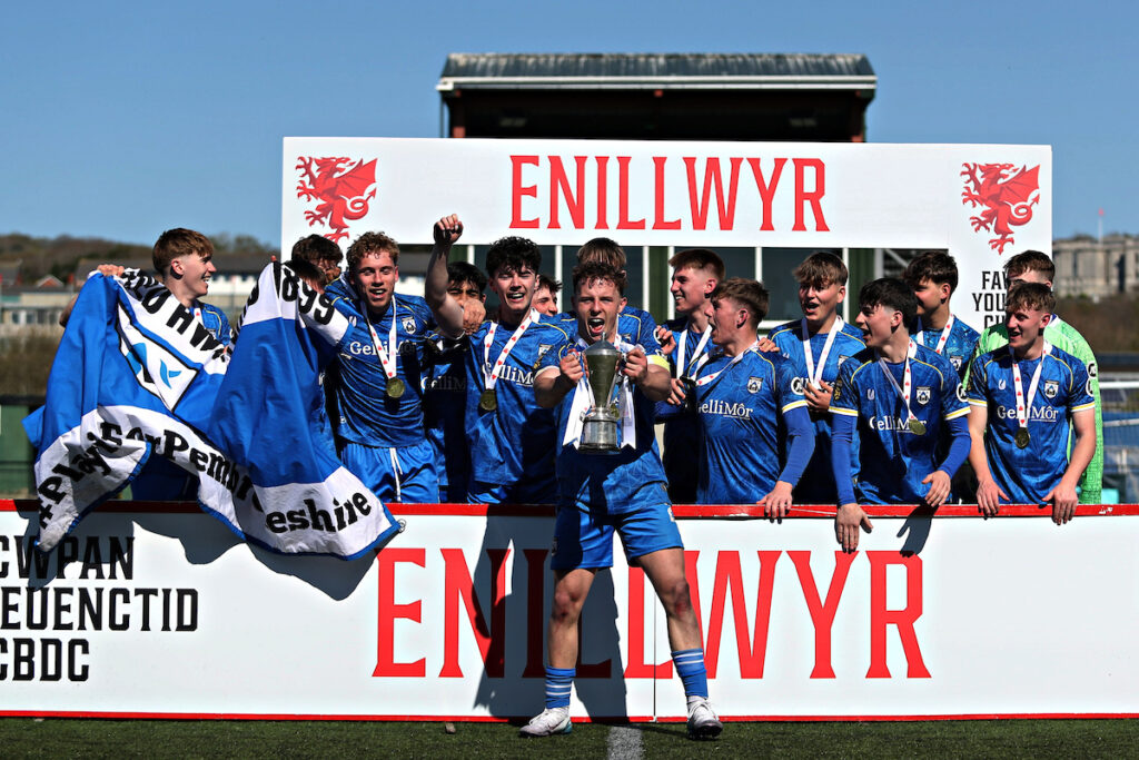 Haverfordwest celebrate after Caernarfon Town Development vs Haverfordwest County Development in the Final of the FAW Youth Cup at Park Avenue, Aberystwyth