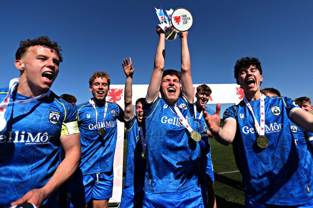 Haverfordwest celebrate after Caernarfon Town Development vs Haverfordwest County Development in the Final of the FAW Youth Cup at Park Avenue, Aberystwyth