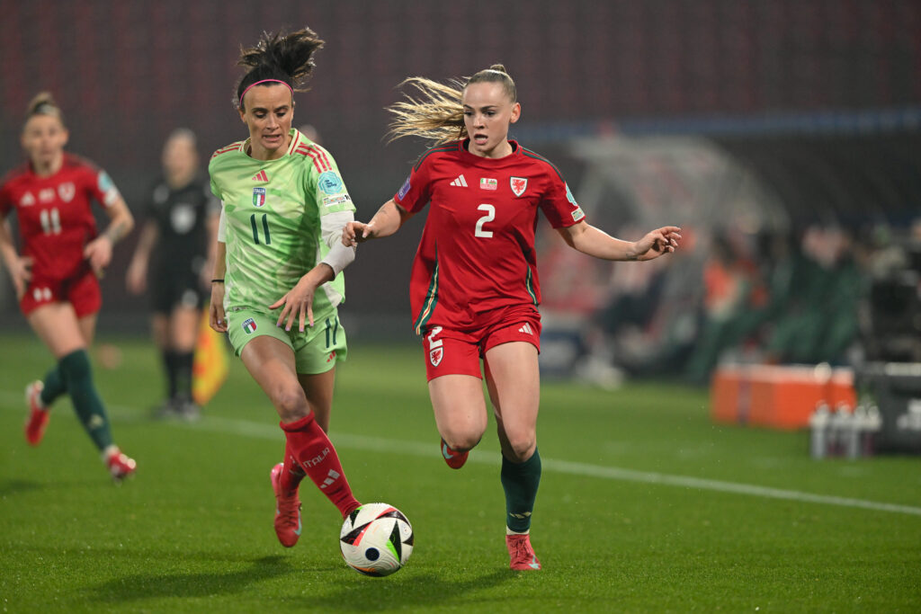 Cymru's Lily Woodham under pressure from Italy Women's Bonansea Barbara during the UEFA Womens Nations League, Group A4 match between Italy and Wales at Brianteo Stadium in Monza on the 21st February 2025
