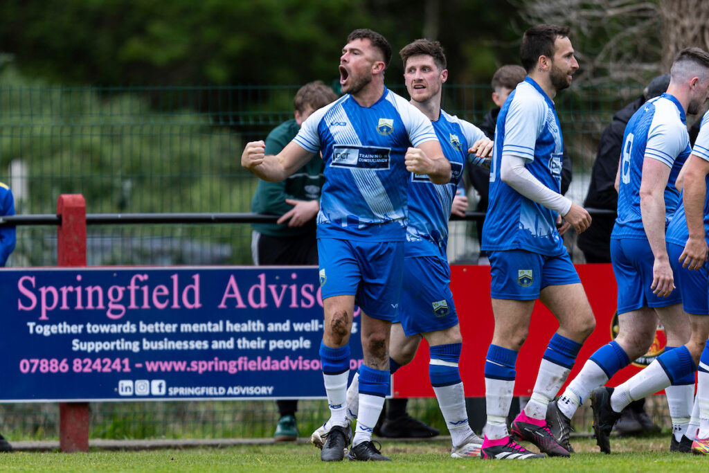 Port Talbot's Jordan Edwards celebrates scoring his sides second goal during the 2024/25 FAW Dragon Signs Amateur Trophy final between Port Talbot Town FC & Penygraig United FC at Ynys Park, Trefelin, Port Talbot, Wales