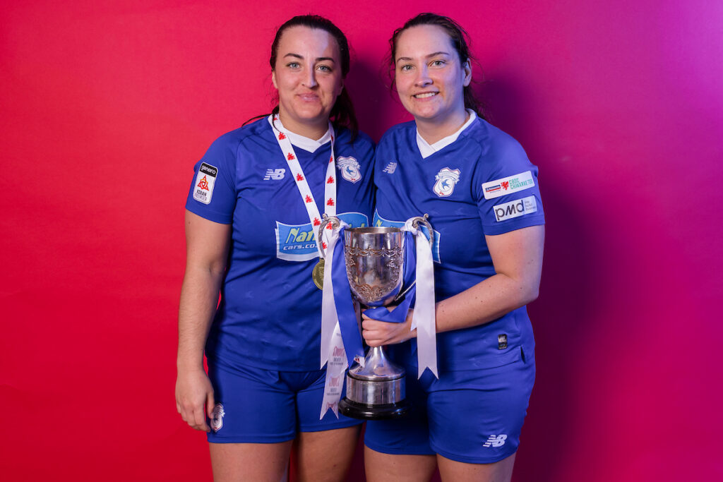 Cardiff City Catherine Walsh and Cardiff City Siobhan Walsh as Cardiff City Celebrate winning the 2022/23 FAW Women's Cup Final between Cardiff City Women & Briton Ferry Llansawel Ladies, Penydarren Park, Merthyr Tydfil, Wales