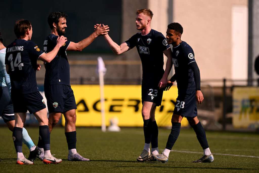 Zack Clarke of The New Saints F.C. celebrates scoring his sides third goal  in the FAW Welsh Cup Semi Final Match between Cambrian United and The New Saints at Park Avenue in Aberystwyth, Wales.