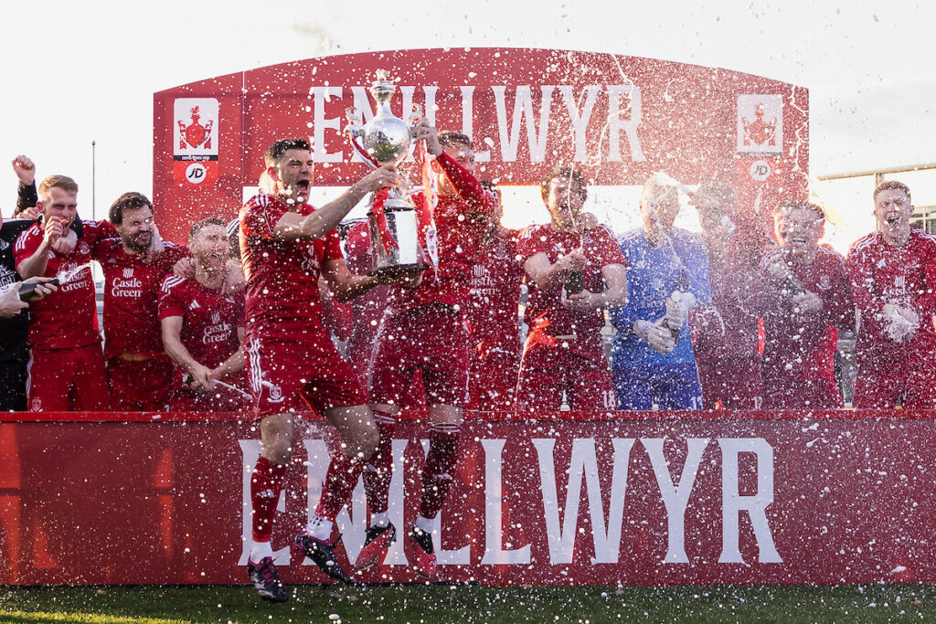 Connah’s Quay celebrate winning the Welsh Cup during the 2023/24 JD FAW Welsh Cup Final fixture between Connah's Quay Nomads F.C & The New Saints F.C at Rodney Parade, Newport, Wales.