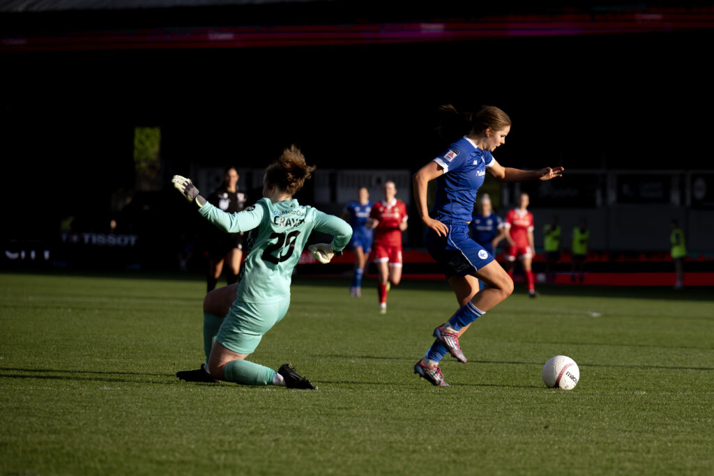 Cardiff City Women's Fiona Barry scores her sides third goal during the 2024/25 Bute Energy Welsh Cup Final fixture between Wrexham AFC Women & Cardiff City Women FC at Rodney Parade, Newport, Wales