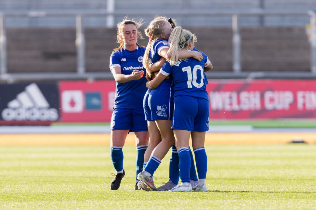 Cardiff City Womens' Fiona Barry scores to make the game 1-3 during the 2024/25 Bute Energy Welsh Cup Final fixture between Wrexham AFC Women & Cardiff City Women FC at Rodney Parade, Newport, Wales