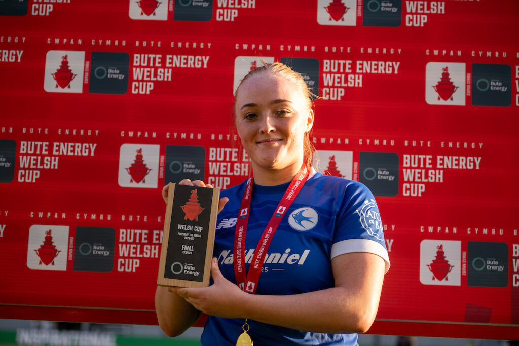 Cardiff City Women's Lily Billingham is awarded the player of the match during the 2024/25 Bute Energy Welsh Cup Final fixture between Wrexham AFC Women & Cardiff City Women FC at Rodney Parade, Newport, Wales