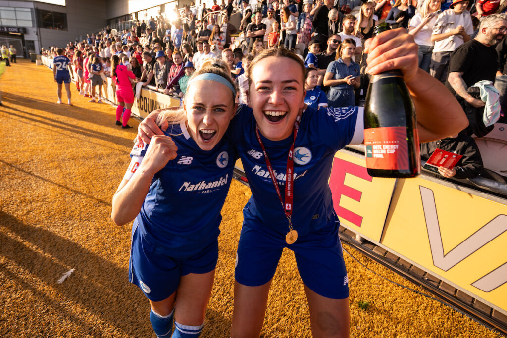 Cardiff City Women's Kerry Walklett and Cardiff City Women's Nieve Jenkins during the 2024/25 Bute Energy Welsh Cup Final fixture between Wrexham AFC Women & Cardiff City Women FC at Rodney Parade, Newport, Wales