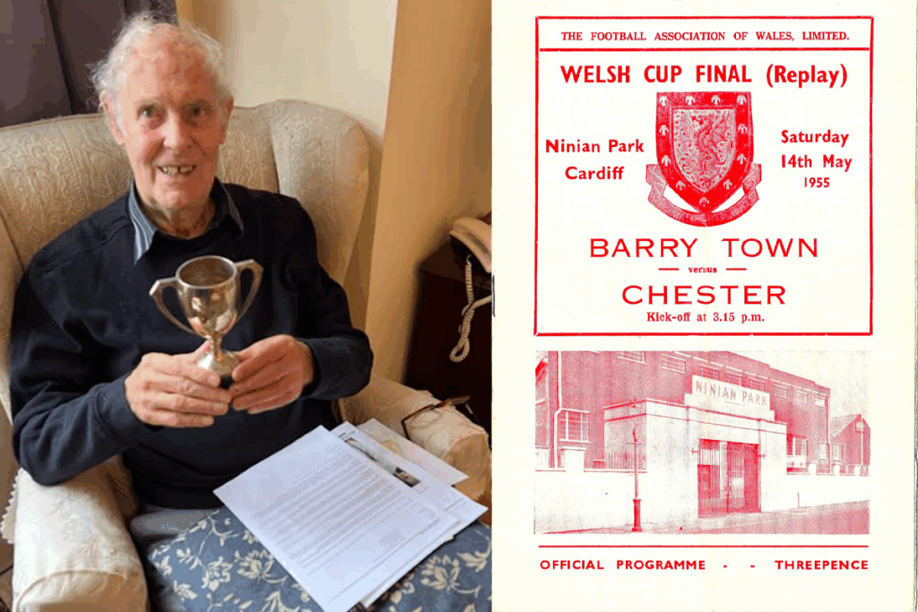 Barry Town's Jackie Goodfellow with his replica Welsh Cup along with a scanned photo of the 1955 Welsh Cup final replay programme.