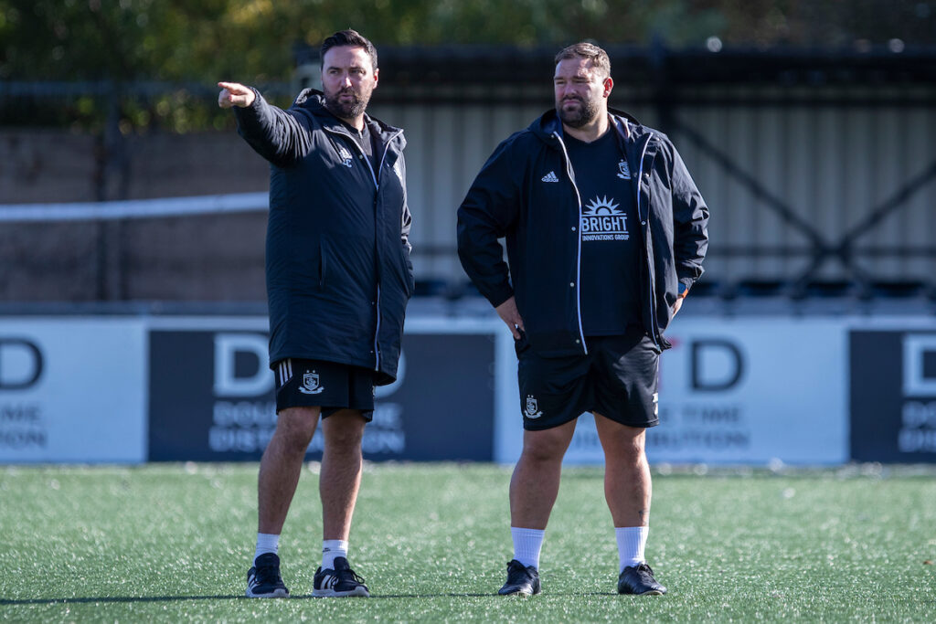 Connah's Quay Nomads' Technical Director, Jay Catton and Assistant Manager, Jon Hill-Dunt ahead of the JD Welsh Cup fixture between Connah's Quay Nomads and Guilsfield at the Essity Stadium, Flint. 19th of October, Flint, Wales
