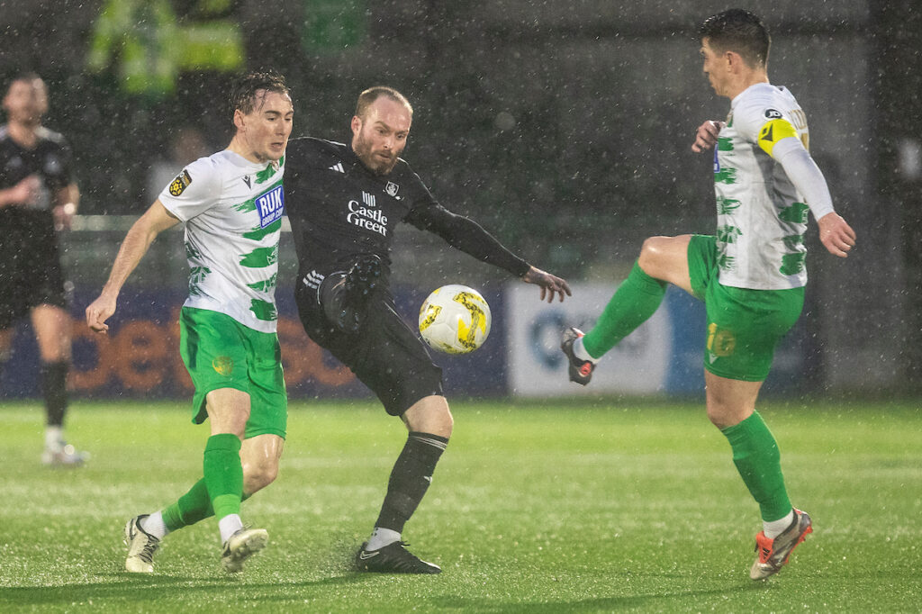 The New Saints' Dan Williams,  Connah's Quay Nomads' Ben Maher and The New Saints' Danny Redmond during the JD Cymru Premier fixture between The New Saints and Connah's Quay Nomads at Park Hall Stadium, Oswestry. 31st of December, Oswestry, England